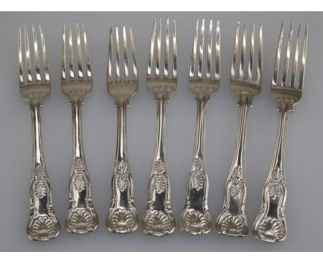 A B Savory, George W Adams and others, a matched set of seven silver fiddle thread and shell pattern salad forks. London 1846