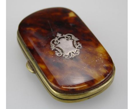 A small tortoiseshell, brass and silver inlaid small purse of rounded oblong form W 7.5cm