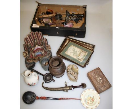 A box of miscellaneous items including a large Goss globular vase, an Indonesian dragon mask, an Indian inlaid box, a small q