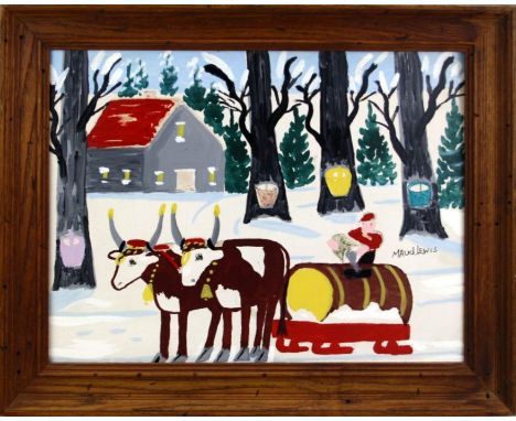 Maud Kathleen Lewis ( Canadian 1903 - 1970)Maple sap harvest with figure filling a drum on a sled drawn by a pair of oxen.Oil