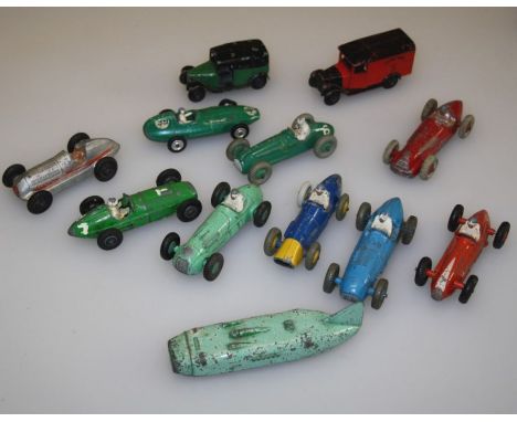 Twelve early post war die cast Dinky toys, comprising Cooper Bristol 23G, Ferrari 23H, Maserati 23N HWM 23J, Talbot Lango 23 