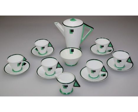 A Shelley Green Block Vogue shape tea service, comprising teapot, milk, sugar, six cups and saucers. Printed marks; Shelley E