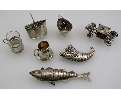 Joseph Willmore, a Victorian silver cornucopia form posy holder, Birmingham 1845, a miniature silver 1977 Jubilee coach, a si