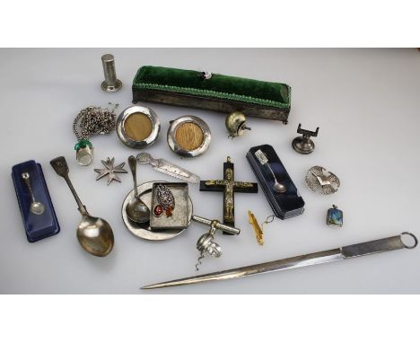 A mixed lot of silver, white metal and other collectors items including a meat skewer, fan box, two circular photograph frame