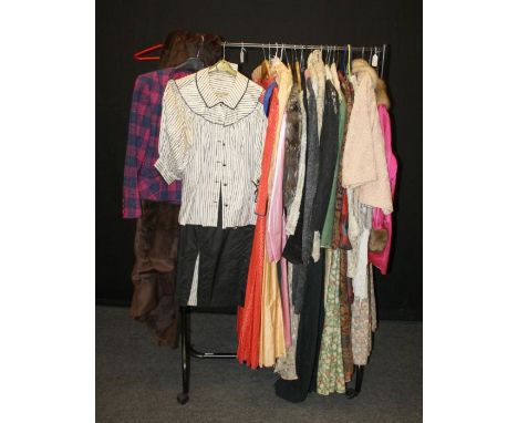 A collection of vintage and later lady's costume including an Indira pink silk fur trimmed jacket, silk embroidered waistcoat