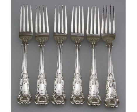 William Chawner, a set of five George IV silver fiddle, thread and shell pattern table forks, London 1827, together with one 