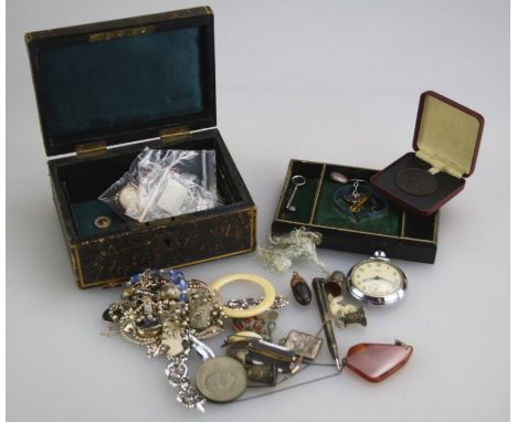 A collection of Victorian and later bijouterie costume and paste set jewellery. Including a silver squirrel and ivory rattle/