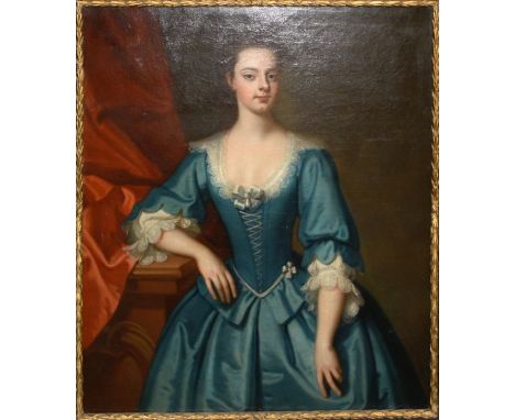 English School 18th century style, three quarter length portrait of a young woman wearing lace trimmed blue satin gownOil on 