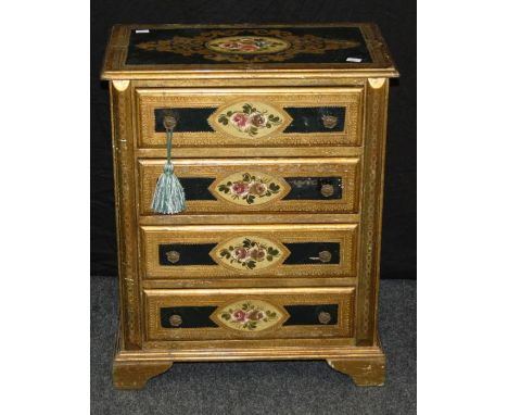 A contemporary Italianate florally painted four drawer chest with cast flower knop handles, 69 x 56cm, together with an eboni