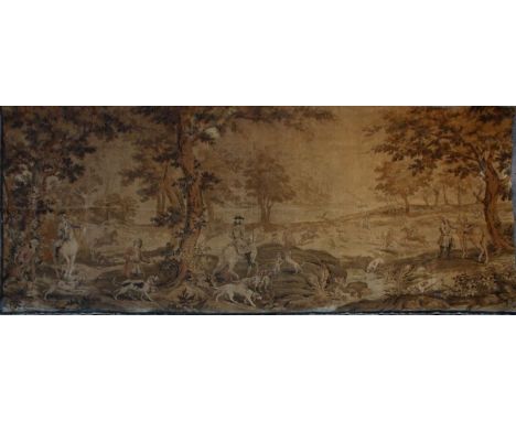 A large 19th century wall hanging/tapestry, decorated with a Royal&nbsp; with a Royal stag hunting part in an extensive lands