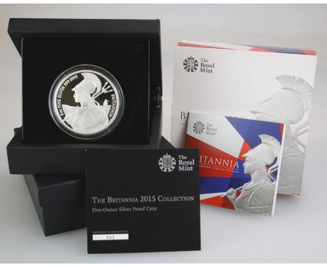 A Royal Mint 2015 5oz. £10 coin, .999 silver proof. Boxed with Certificate of Authenticity&nbsp; &nbsp;