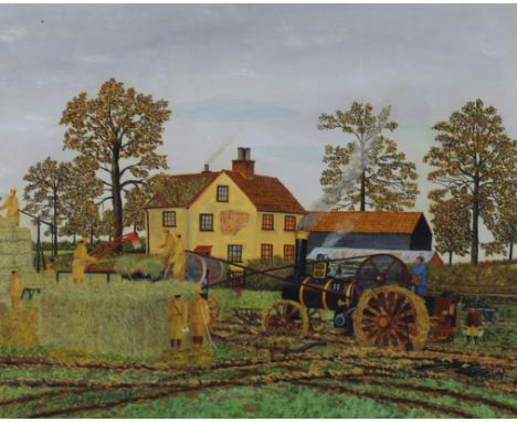 A.W. Chesher, British 1895–1972- Tractor in the fields; oil on board, signed 'A.W. CHESHER' (lower right), inscribed on rever