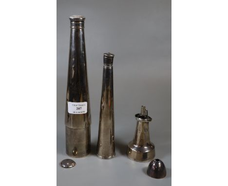 2 conical silver lidded flasks together with a silver possibly lighthouse shaped grinder/peppermill.  (B.P. 21% + VAT) 