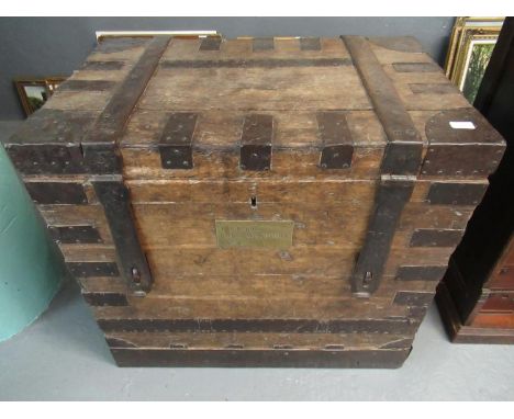17th/18th century oak trunk or sea chest, having metal mounts and iron handles, with brass plaque marked 'Th Rt Hon. Lord Win