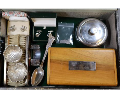 A collection of silver items including a pair of shell shaped salts, a pair of brushes, bangle etc.(B.P. 21% + VAT) 