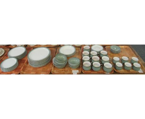 Five Trays of Denby Stoneware in sage green and white, to include: 9 dinner plates, 7 side plates and 7 tea plates, 4 soup bo