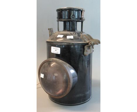 Bullion lens black enamel railway type lantern, now converted with electric bulb.  (B.P. 21% + VAT) 