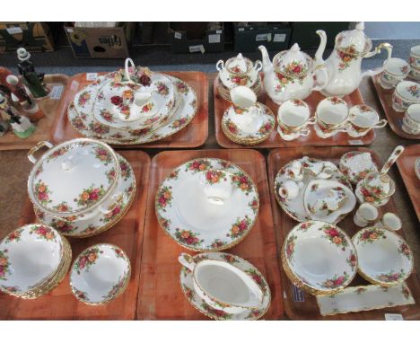 Five trays of Royal Albert 'Old Country Roses' tea, coffee and dinner ware, to include: 10 dinner plates, 12 larger bowls and