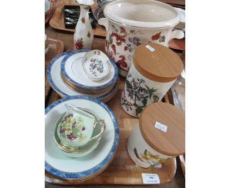 Varied tray containing Royal Albert 'Old Country Roses' vase, 2 Portmeirion 'Botanic Garden' lidded jars, Mason's 'Mandalay R