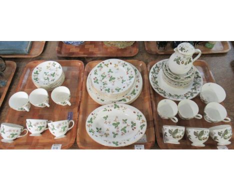 Three trays of Wedgwood 'Wild Strawberry' (some of the earlier pattern, some later) coffee and dinnerware to include: coffee 