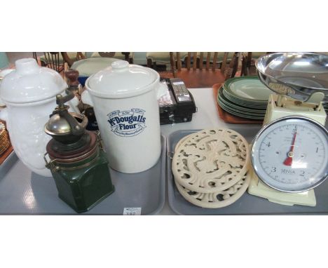 Two trays of kitchenalia, to include a Harrod's coffee grinder, ceramic MacDougal's flour pot with lid, rum pot with lid, 3 b