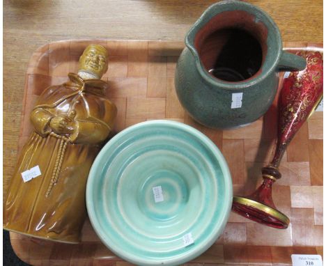 An Abbot's Choice scotch whisky decanter in the shape of an Abbot in brown ceramic, ridged green bowl stamped to the base, si