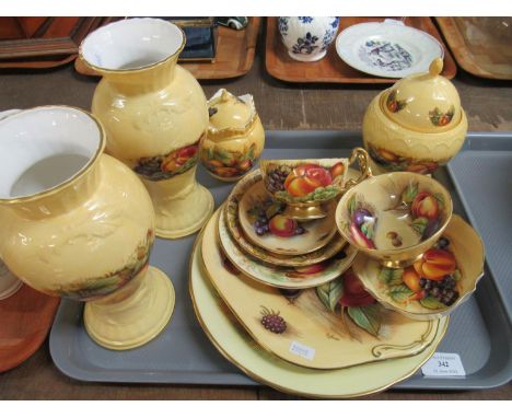 Tray of modern Aynsley 'Orchard Gold' china to include: plates, tea cups and saucers, lidded jars and a pair of vases.  (B.P.