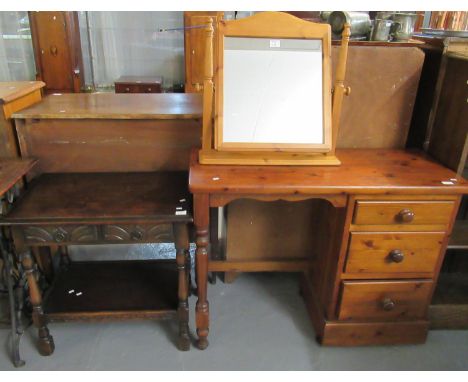 Reproduction stained oak side table with two frieze drawers and under shelf, 70cm wide approx. Together with a pine knee hole