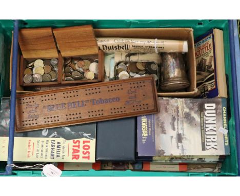 Box of oddments to include: military books by Pen and Sword Books Ltd.  Various postcards, coins, silver plated tankard, Blue