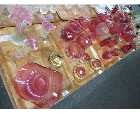 Four trays of largely cranberry glass items, to include: a mid 19th century fluted edge bowl, and a, possibly late 19th centu