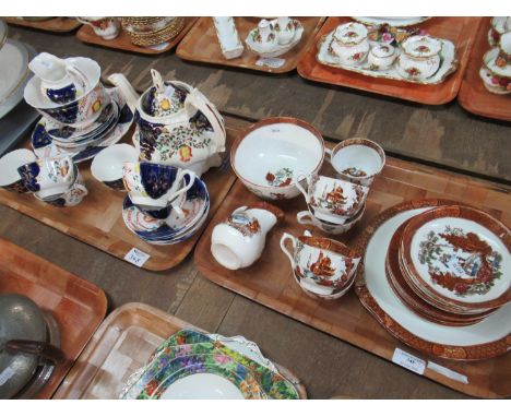 Two trays of china: tray of late 19th/early 20th century transfer printed and hand-painted part teaware in browns on a white 