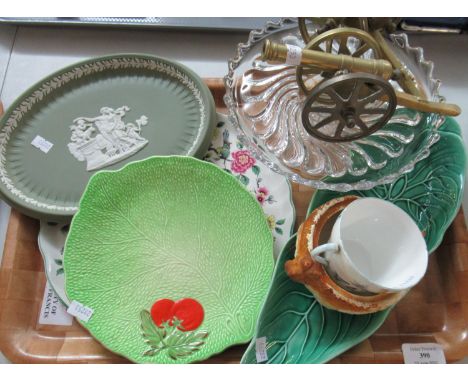 A Shelley 'Wild Flowers' tea cup, Clarice Cliff 'Celtic Harvest' bowl without the lid, Wedgwood leaf shaped bowl, Crown Devon