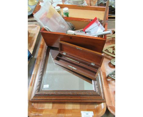 A patinated artist's brush box with materials and a small carved wooden framed mirror together with a wooden pen box.  (B.P. 