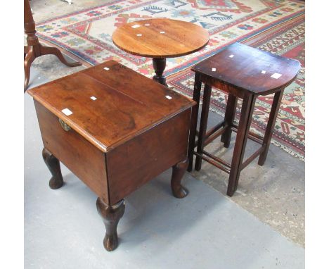 Collection of furnishing items to include mahogany commode with hinged lid on cabriole legs, small tripod tip top lamp table,