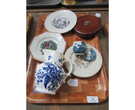 Tray with four small creamware plates, blue and white lidded chocolate cup, early Caughley Mask jug and a leather encased, fa