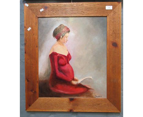 Sheena, portrait of a pregnant lady reading a letter, oils on canvas.  49x42cm approx framed.  (B.P. 21% + VAT) 