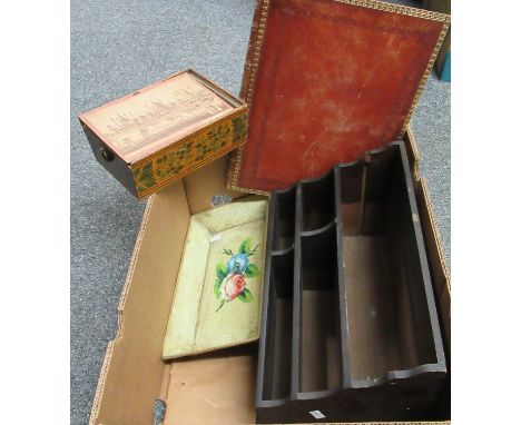 Box containing large stained wooden letter rack, R Rosner quartz watch, florally hand painted metal oblong tray, wooden box a