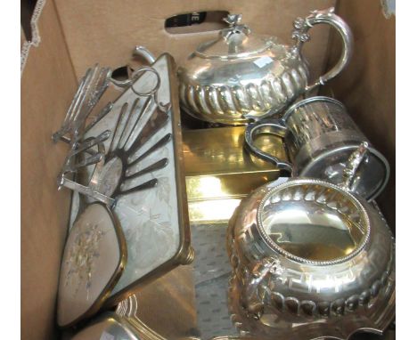 Box of metalware to include: a Victorian style EPNS fan shaped toast rack, large EPNS tea pot with bone heat resisters and a 