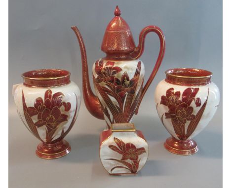 Late 19th/early 20th century Doulton Burslem Artware items to include a pair of baluster vases, classical design coffee pot a