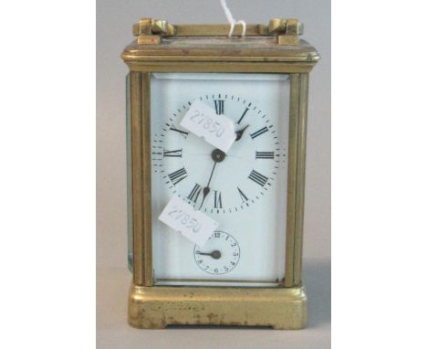 French brass carriage clock with full depth Roman dial, having subsidiary face.  2 train movement.  12.5cm high approx.  (B.P