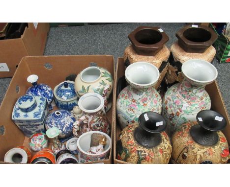 Two boxes of assorted pottery and china, to include: 3 pairs of vases, to include 2 Embosa Ware vases embossed with Japanese 