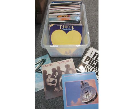 Box of vinyl LP records 33rpm, mostly from 1980s to include: Dire Straits 'Brothers in Arms', Queen 'The Works', 'The Miracle