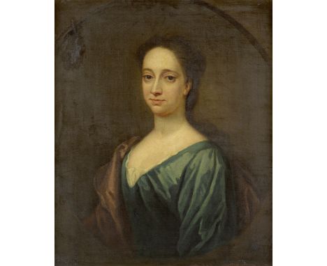 English School, 18th CenturyPortrait of a lady, half length, in a blue dress, within a painted ovaloil on canvas 76.5 x 62.9c