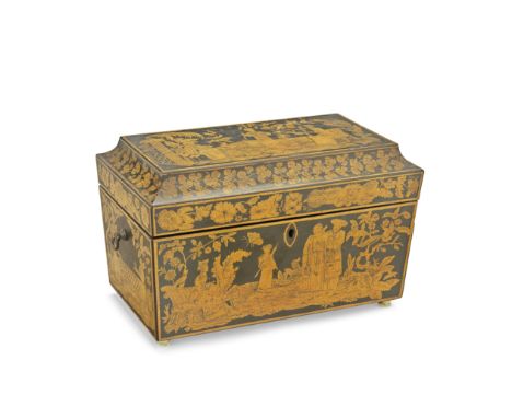 A REGENCY PENWORK DECORATED TEA CADDYDecorated with European and Oriental figures, foliage and flowers on a black ground, on 