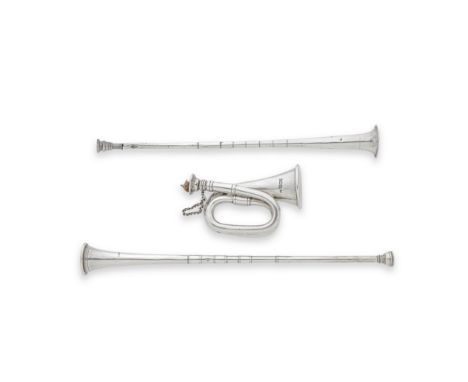 AN EDWARDIAN NOVELTY BUGLE TABLE LIGHTERBy Joseph Braham, London, 1903,  Realistically formed and of heavy gauge, 11 cm high,