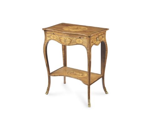 A GEORGE III KINGWOOD, SATINWOOD AND AMARANTH MARQUETRY SERPENTINE SIDE TABLEIn the manner of Pierre LangoisWith raised fires