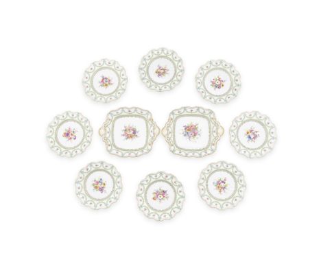 A FINE ROYAL WORCESTER CHINA 14-PIECE PART DESSERT SERVICERegistered number 312289, the centres richly painted with floral bo