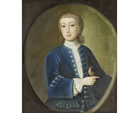 English School, 18th CenturyPortrait of a boy, half-length, in a blue coat holding a finch, within a painted ovaloil on canva