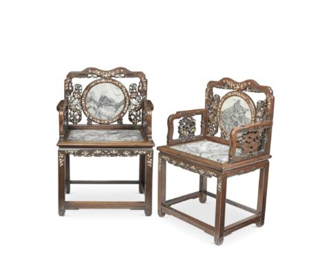 A PAIR OF CHINESE HARDWOOD, MOTHER-OF-PEARL AND MARBLE INSET OPEN ARMCHAIRS19th centuryThe shaped, carved and pierced top-rai