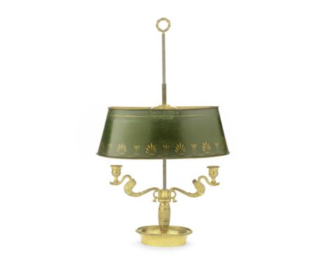 A DIRECTOIRE STYLE GILT BRONZE BOUILLOTTE LAMPEarly 20th century With a green tole oval shaped adjustable shade above two scr